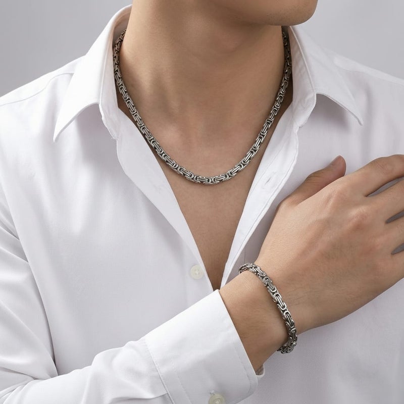 Half set for men (chain + bracelet) in silver with a luxurious royal design, made of rust-resistant stainless steel, giving you an attractive look at all times. - Image 3